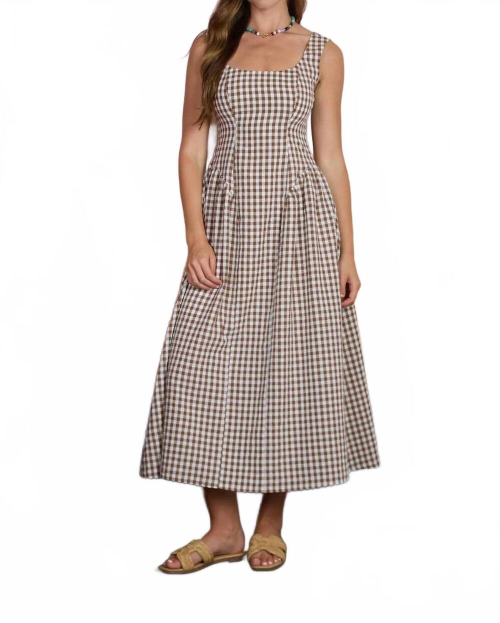 NEW BLU PEPPER poppy plaid basque waist midi dress in brown